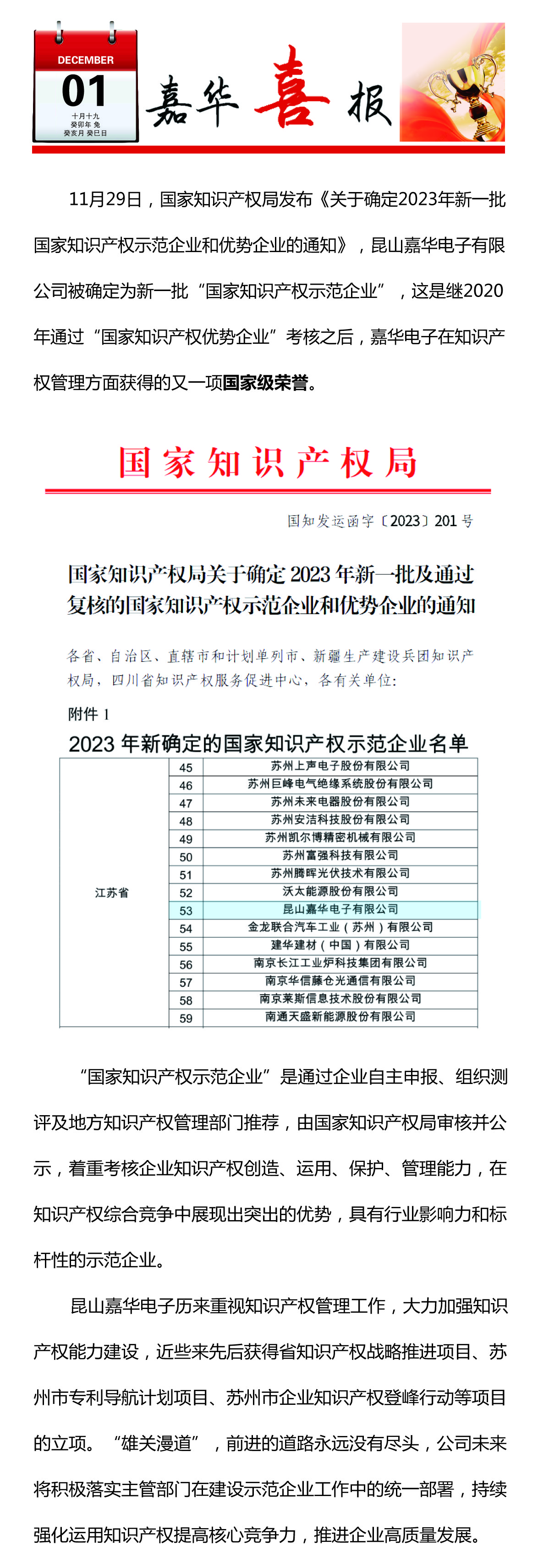 昆山嘉華電子有限公司榮獲國家知識產(chǎn)權(quán)示范企業(yè)確定