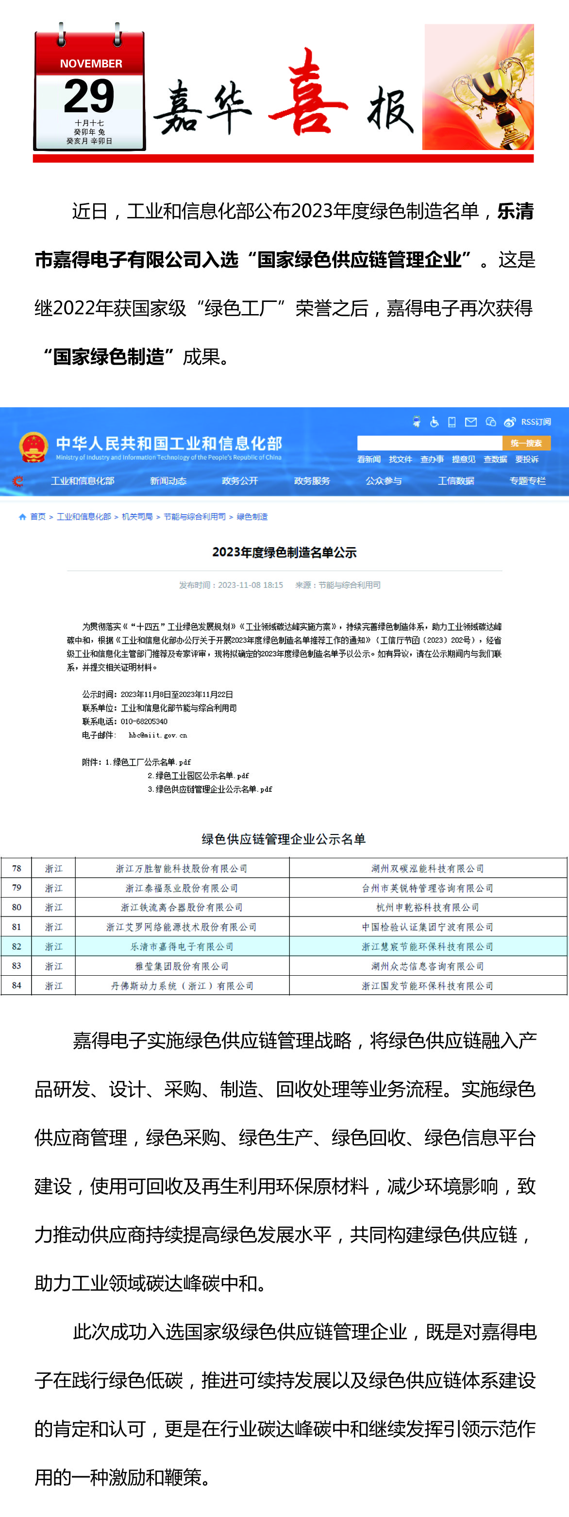 樂(lè)清市嘉得電子有限公司入選“國(guó)家綠色供應(yīng)鏈管理企業(yè)”